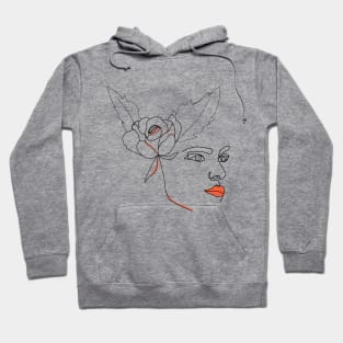 Minimal woman line art. One line woman face with rose flower. Hoodie